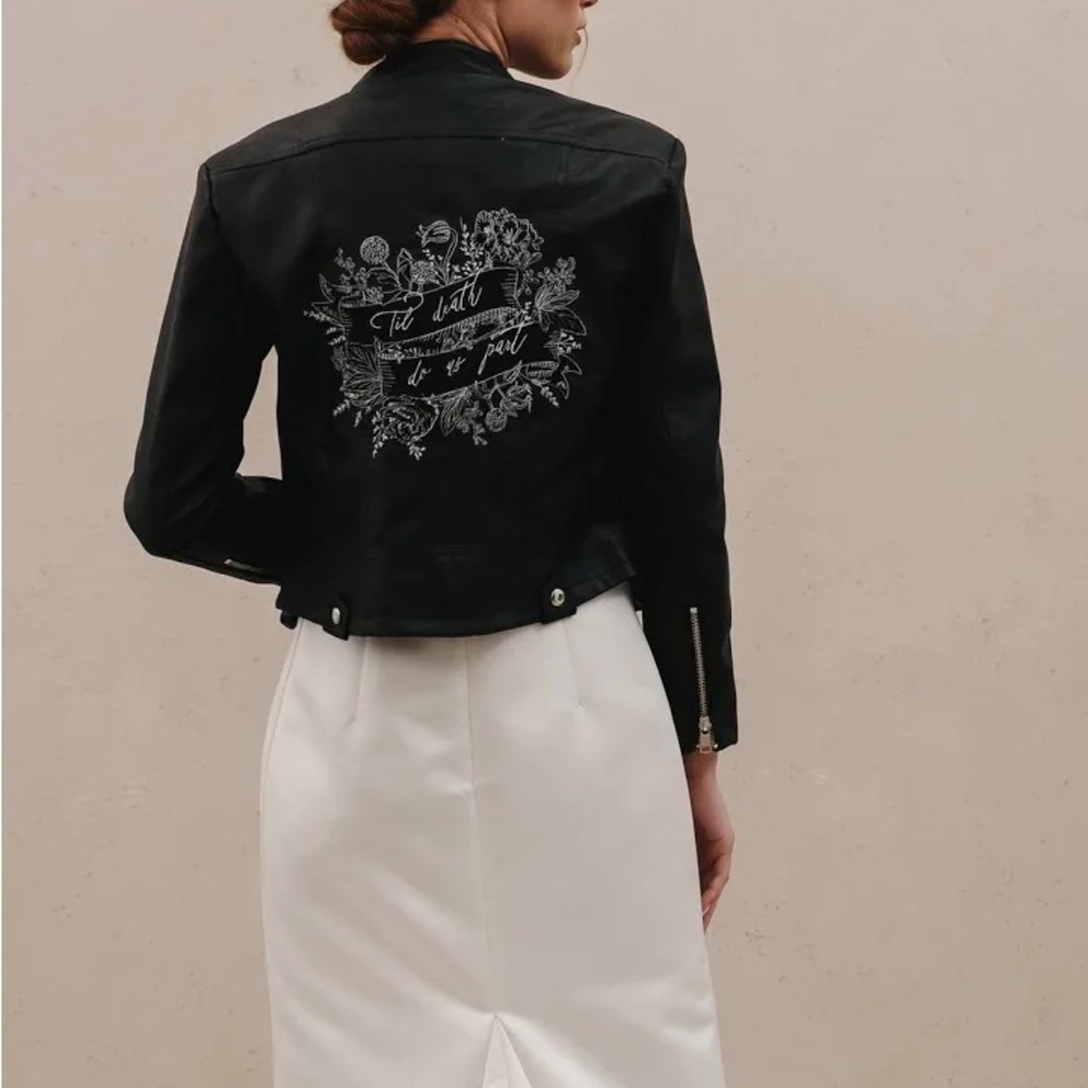 Heirloom Bridal Black “Til Death Do Us Part” Embroidered Faux Leather Jacket